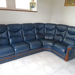 Grand canapé d'angle cuir bleu marine clair 