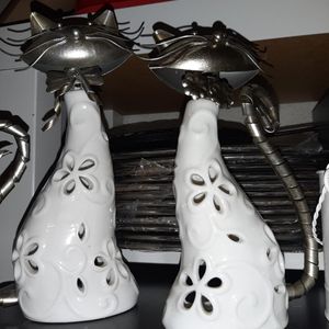 2 bougeoirs porcelaine chat