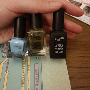 2 vernis d'ongles bleu et khaki + 1 top coat matte